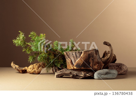 Composition with natural wooden snags, stones and juniper branches. 136780438