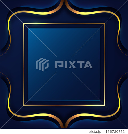 luxury dark blue background with elegant gold geometric frame and curved ornamental borders for premium branding and wedding invitation card 136780751