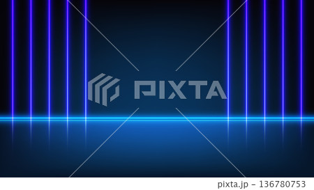 Futuristic neon stage background with blue and purple vertical light pillars and horizontal glowing line on reflective floor for technology and digital presentation 136780753