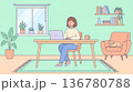 在宅勤務でパソコン作業をする笑顔の女性のイラスト 136780788