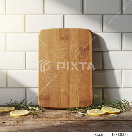 Empty wooden cutting board with fresh lemons and rosemary on a rustic kitchen surface. 136780871