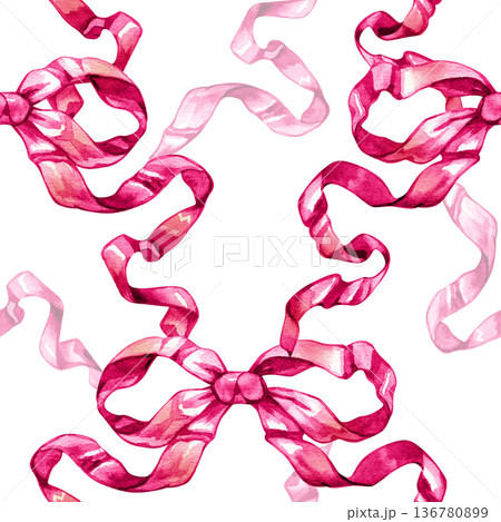 Seamless watercolor pattern of elegant magenta silk ribbons tied in bows. A graceful and repetitive textile design with soft textures, perfect for romantic gift wrapping or fashion backgrounds. Seamless watercolor pattern of elegant magenta silk ribbons tied in bows. A graceful and repetitive textile design with soft textures, perfect for romantic gift wrapping or fashion backgrounds. 136780899