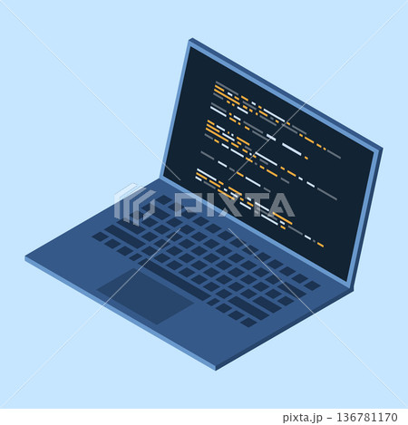 Isometric laptop. Programming on laptop concept with program code. Program code on a laptop screen. Isometric technology. Vector illustration 136781170