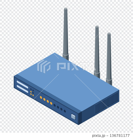 Isometric network wifi router with antennas. Wireless network communication technology. Wireless internet router. Network technology. Vector illustration 136781177