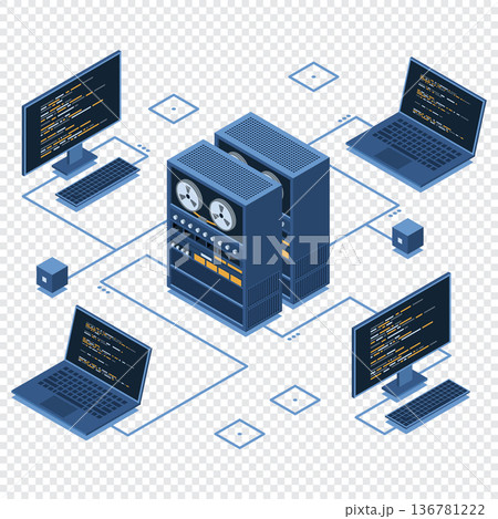 Isometric server connecting computers. Network connection. Computing internet digital technology. Web hosting concept. Isometric technology 136781222