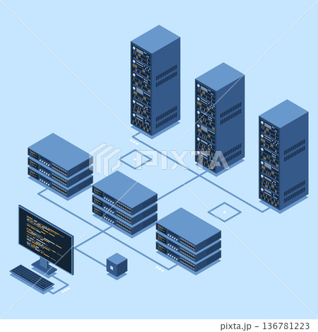 Isometric monitoring big data storage. Data transmission technology. Online hosting technology concept. Isometric technology Isometric monitoring big data storage. Data transmission technology. Online hosting technology concept. Isometric technology 136781223