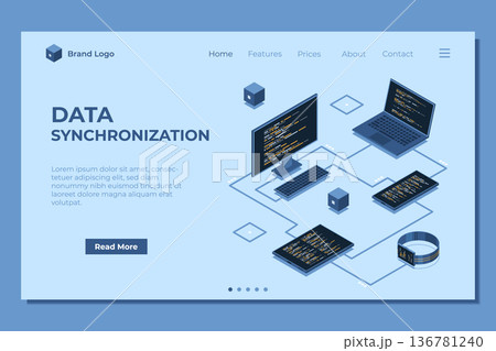 Isometric transfer data between different devices landing page. Synchronizing data between laptop, smartphone, tablet, and PC. Isometric technology 136781240
