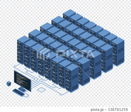 Isometric monitoring big data storage. Data transmission technology. Online hosting technology concept. Isometric technology Isometric monitoring big data storage. Data transmission technology. Online hosting technology concept. Isometric technology 136781259