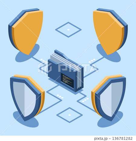 Isometric folder with shield. Data protection. Folder security. Safe documents and folder. Isometric technology 136781282