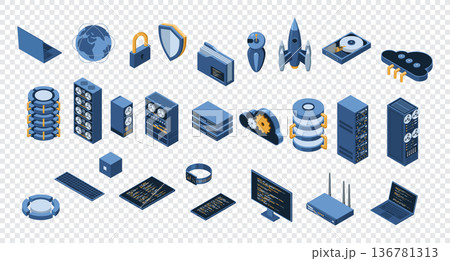 Set of isometric computer technology. Isometric set server equipment. Cloud network and database platform. Isometric technology Set of isometric computer technology. Isometric set server equipment. Cloud network and database platform. Isometric technology 136781313