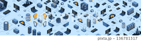 Isometric data network management. Cloud storage data and synchronization of devices. Networking, database, cloud storage. Isometric technology 136781317