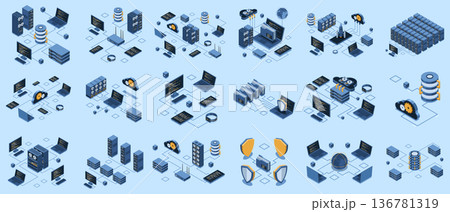 Set of isometric modern technology concept for cloud computing, datacenter, database, artificial intelligence, and blockchain technology. Isometric technology 136781319