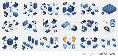 Set of isometric modern technology concept for cloud computing, datacenter, database, artificial intelligence, and blockchain technology. Isometric technology 136781320