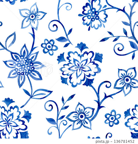 Seamless print of oriental floral ornaments. Blue watercolor pattern Seamless print of oriental floral ornaments. Blue watercolor pattern 136781452
