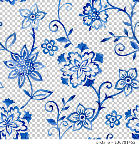 Seamless print of oriental floral ornaments. Blue watercolor pattern Seamless print of oriental floral ornaments. Blue watercolor pattern 136781452