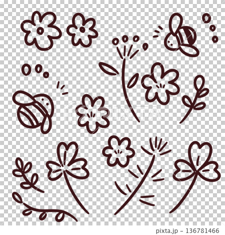 簡單的蜜蜂、花田和植物手繪插圖集 136781466