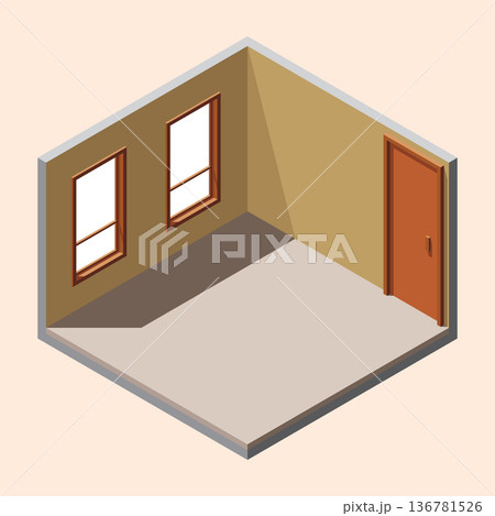 Isometric empty room with door and window. Isometric home room. Room interior without furniture. Square space. Vector illustration 136781526