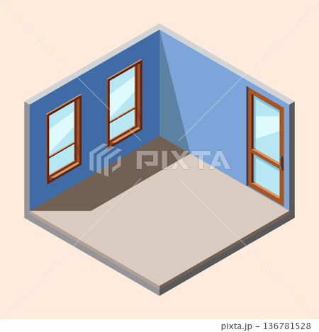 Isometric empty room with door and window. Isometric home room. Room interior without furniture. Square space. Vector illustration Isometric empty room with door and window. Isometric home room. Room interior without furniture. Square space. Vector illustration 136781528