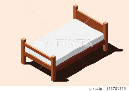 Isometric wooden bed with mattress. 3D isometric bed. Wooden bed frame with mattress. Isometric bedroom furniture. Isometric furniture 136781536