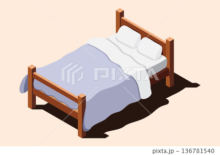Isometric wooden bed with mattress. 3D isometric bed. Wooden bed frame with mattress, pillow, and blanket. Isometric bedroom furniture 136781540