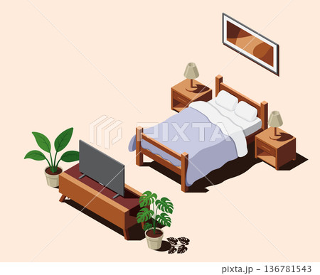Isometric bedroom. Bedroom interior. Bed, lamps, TV, and other bedroom equipment. Isometric home furniture. Isometric home room Isometric bedroom. Bedroom interior. Bed, lamps, TV, and other bedroom equipment. Isometric home furniture. Isometric home room 136781543