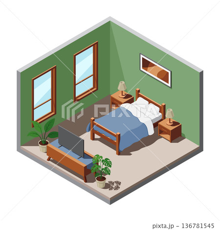 Isometric bedroom. Bedroom interior. Bed, lamps, TV, and other bedroom equipment. Isometric home furniture. Isometric home room Isometric bedroom. Bedroom interior. Bed, lamps, TV, and other bedroom equipment. Isometric home furniture. Isometric home room 136781545