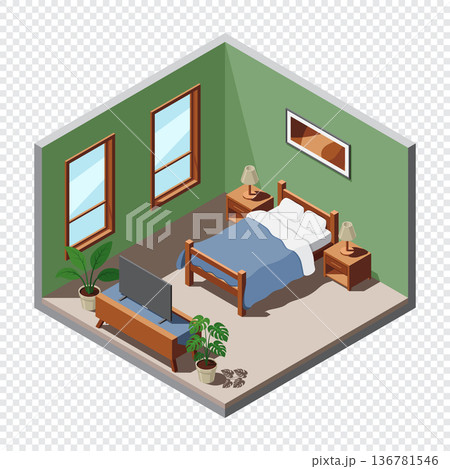 Isometric bedroom. Bedroom interior. Bed, lamps, TV, and other bedroom equipment. Isometric home furniture. Isometric home room Isometric bedroom. Bedroom interior. Bed, lamps, TV, and other bedroom equipment. Isometric home furniture. Isometric home room 136781546