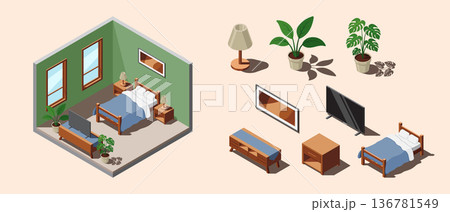 Isometric bedroom. Bedroom interior. Bed, lamps, TV, and other bedroom equipment. Isometric home furniture. Isometric home room Isometric bedroom. Bedroom interior. Bed, lamps, TV, and other bedroom equipment. Isometric home furniture. Isometric home room 136781549