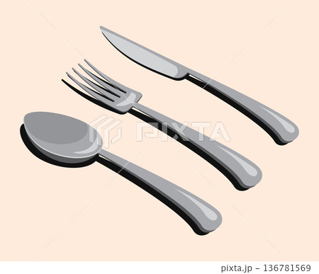 Isometric cutlery set with spoon, fork, and knife. Isometric cutlery. Isometric tableware. Vector illustration Isometric cutlery set with spoon, fork, and knife. Isometric cutlery. Isometric tableware. Vector illustration 136781569