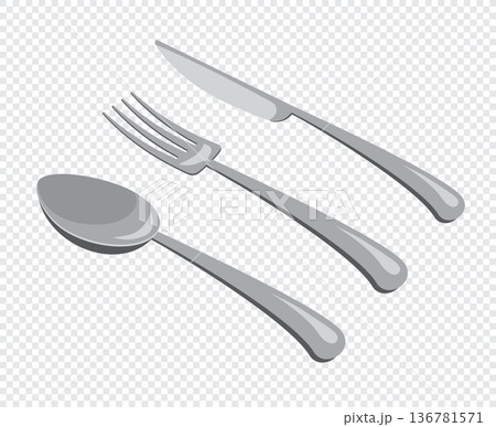 Isometric cutlery set with spoon, fork, and knife. Isometric cutlery. Isometric tableware. Vector illustration Isometric cutlery set with spoon, fork, and knife. Isometric cutlery. Isometric tableware. Vector illustration 136781571