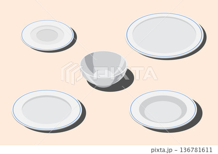 Isometric plate set. Empty plate set. Isometric cutlery. Isometric tableware set. Vector illustration 136781611