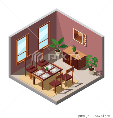 Isometric dining room. Dining room interior. Table, chairs and other furniture. Isometric home furniture. Isometric home room Isometric dining room. Dining room interior. Table, chairs and other furniture. Isometric home furniture. Isometric home room 136781626