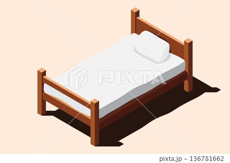 Isometric wooden bed with mattress. Isometric single bed. Wooden bed frame with mattress and pillow. Isometric bedroom furniture Isometric wooden bed with mattress. Isometric single bed. Wooden bed frame with mattress and pillow. Isometric bedroom furniture 136781662