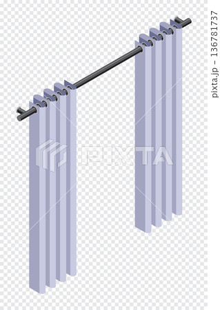 Isometric curtain. Isometric curtain with rings. Set of curtain and rod. Home interior accessory. Room interior elements 136781737