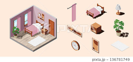 Isometric bedroom. Bedroom interior. Bed, lamp, plant, and other bedroom equipment. Isometric home furniture. Isometric home room 136781749