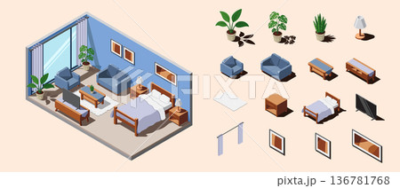 Isometric hotel room interior. Hotel room with bed, window, tv, sofa and table. Set of bedroom furniture. Isometric hotel room 136781768