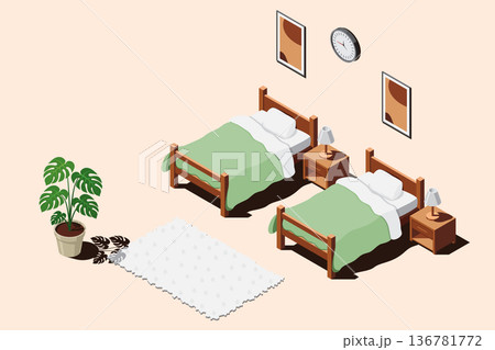 Isometric bedroom. Bedroom interior. Bed, lamp, carpet, and other bedroom equipment. Isometric home furniture. Isometric home room 136781772
