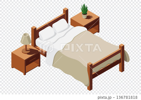 Isometric bed with bedside tables. Bedroom interior with bed, nightstands and night lamp. Isometric bedroom furniture 136781818