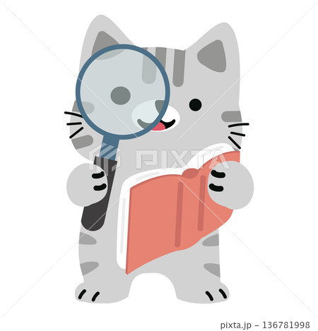Cat Reading With Magnifying Glass 136781998