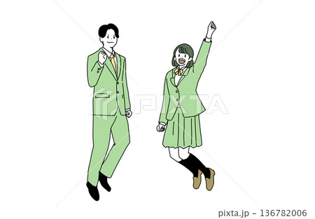 笑顔でジャンプしてガッツポーズをする男女の学生のイラスト　受験合格と青春　手書きベクター素材 136782006