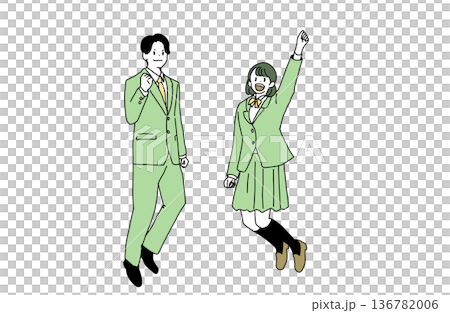 笑顔でジャンプしてガッツポーズをする男女の学生のイラスト　受験合格と青春　手書きベクター素材 136782006