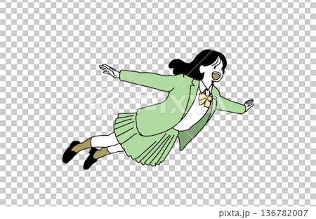 女學生在空中飛翔的插圖。躍向未來，擁抱自由。手繪向量素材。 136782007