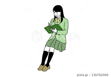 ノートを開いて勉強する女子学生のイラスト　学習と受験　手書きベクター素材 136782008