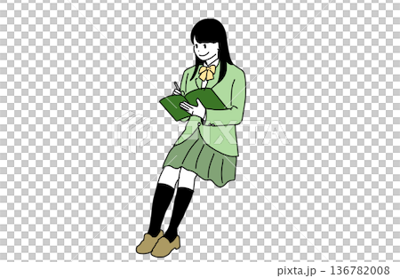 ノートを開いて勉強する女子学生のイラスト　学習と受験　手書きベクター素材 136782008