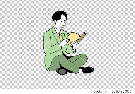 Illustration of a male student sitting cross-legged and reading a book. Reading and learning. Hand-drawn vector material. 136782009