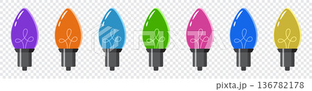 Modern bulbs. Colorful light bulbs. Colorful lights for decoration. Holiday ornaments set. Vector illustration 136782178