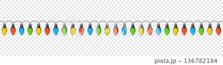 Bulbs on a string. Hanging light bulbs. Colorful light bulbs for decoration. Lights garland. Lights string decoration. Vector illustration Bulbs on a string. Hanging light bulbs. Colorful light bulbs for decoration. Lights garland. Lights string decoration. Vector illustration 136782184