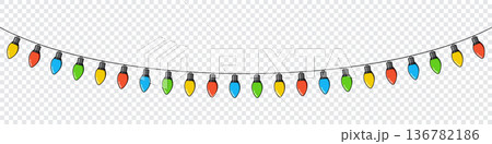 Bulbs on a string. Hanging light bulbs. Colorful light bulbs for decoration. Lights garland. Lights string decoration. Vector illustration Bulbs on a string. Hanging light bulbs. Colorful light bulbs for decoration. Lights garland. Lights string decoration. Vector illustration 136782186