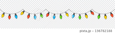 Bulbs on a string. Hanging light bulbs. Colorful light bulbs for decoration. Lights garland. Lights string decoration. Vector illustration Bulbs on a string. Hanging light bulbs. Colorful light bulbs for decoration. Lights garland. Lights string decoration. Vector illustration 136782188