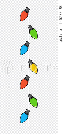 Bulbs on a string. Hanging light bulbs. Colorful light bulbs for decoration. Lights garland. Lights string decoration. Vector illustration Bulbs on a string. Hanging light bulbs. Colorful light bulbs for decoration. Lights garland. Lights string decoration. Vector illustration 136782190